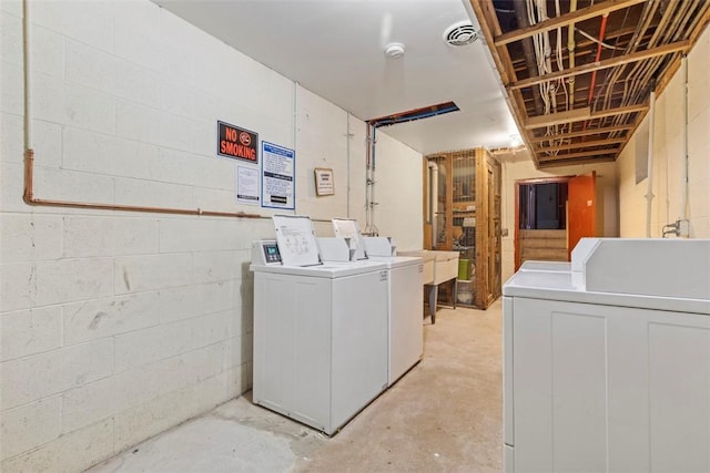 8179 Ohio River Blvd Unit 32, Emsworth, PA 15202 - common laundry area with concrete block wall, visible vents, and washing machine and clothes dryer