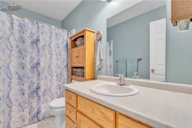 full bathroom featuring vanity, a shower with shower curtain, and toilet