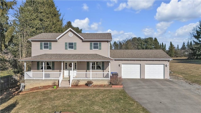 view of front of house featuring driveway, a shingled roof, covered porch, a front yard, and an attached garage