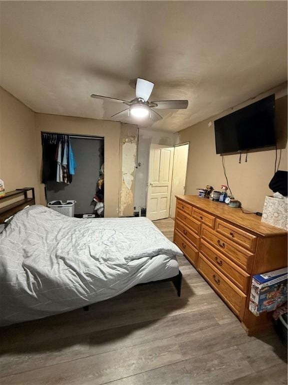 bedroom with a closet, wood finished floors, and a ceiling fan