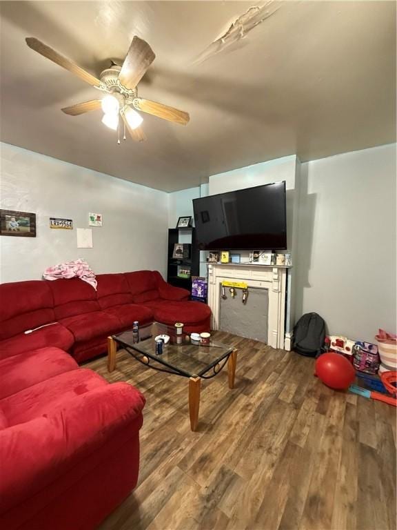 living area with a ceiling fan and wood finished floors