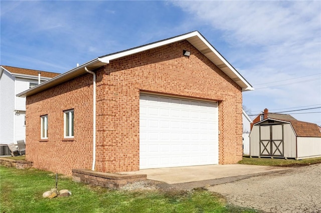 view of side of home with a storage shed, an outbuilding, brick siding, and central AC