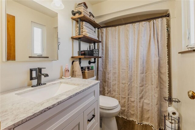 bathroom with vanity, a shower with shower curtain, toilet, and wood finished floors