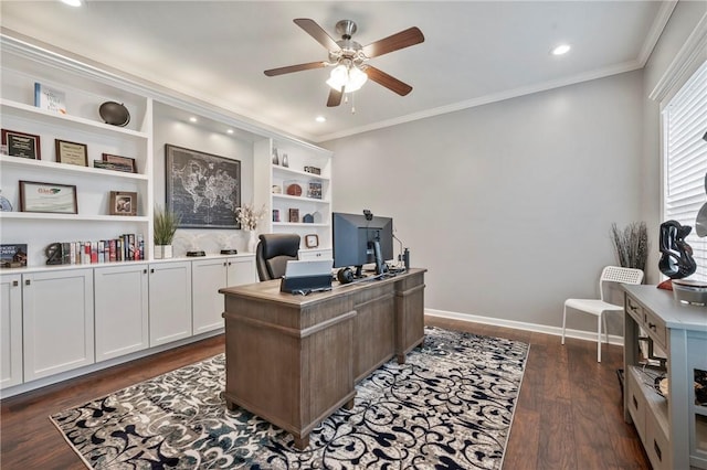 home office with a ceiling fan, dark wood-style floors, recessed lighting, crown molding, and baseboards