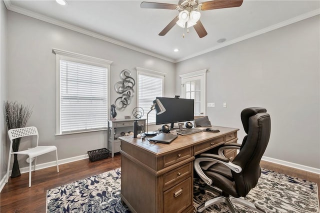 office area with a ceiling fan, dark wood-type flooring, crown molding, and baseboards