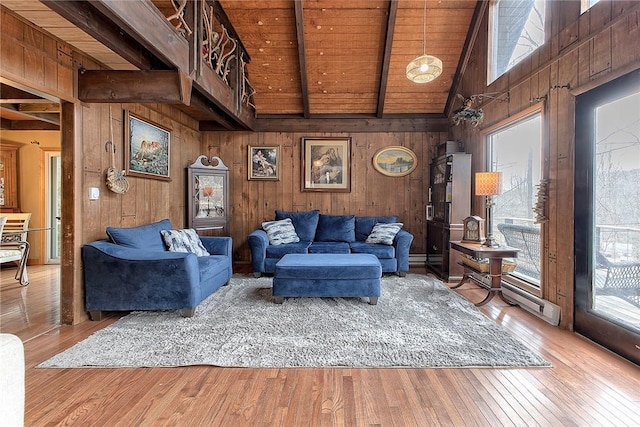 living room featuring wooden walls, beamed ceiling, baseboard heating, wooden ceiling, and wood-type flooring