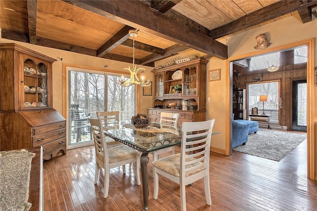 dining area with beam ceiling, a chandelier, wooden ceiling, and light wood finished floors