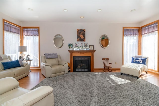 living room featuring recessed lighting, wood finished floors, and a fireplace