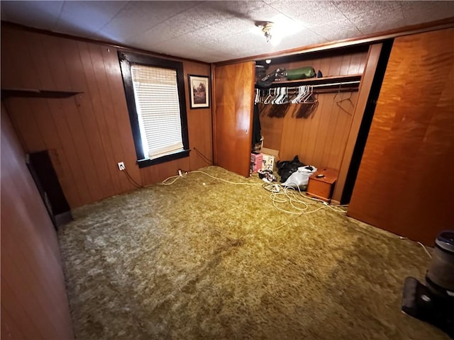 unfurnished bedroom featuring wood walls and carpet