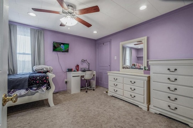 bedroom with recessed lighting, a ceiling fan, ornamental molding, and carpet flooring