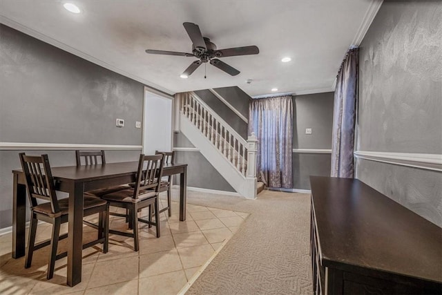 dining area with stairway, recessed lighting, light colored carpet, and ornamental molding