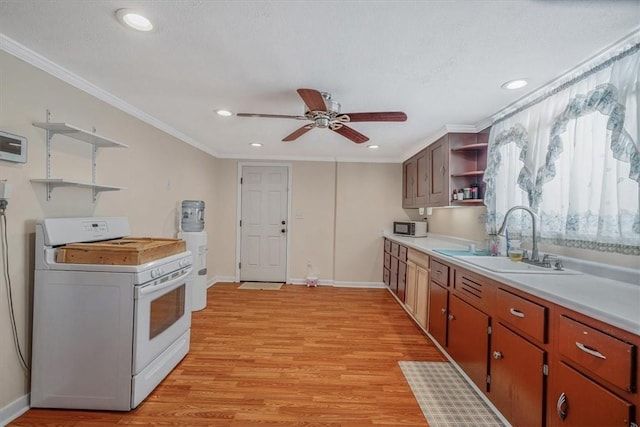 kitchen with light wood finished floors, open shelves, ornamental molding, white range with gas cooktop, and a sink