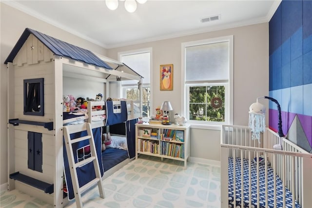 bedroom featuring visible vents, baseboards, and ornamental molding