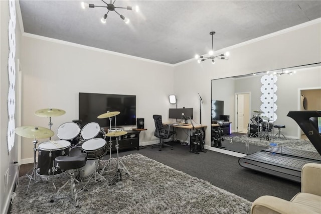 office with an inviting chandelier, baseboards, and ornamental molding