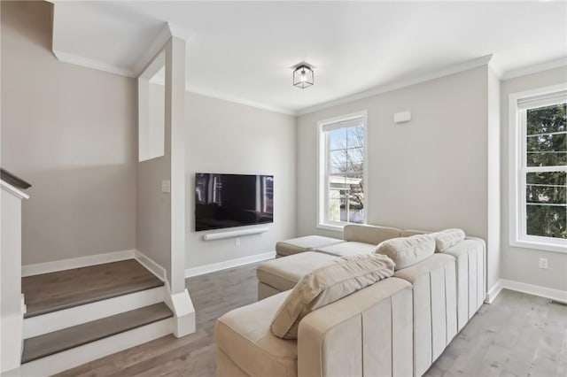 living room with crown molding, plenty of natural light, and light wood-type flooring