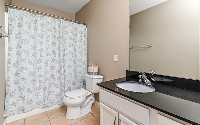 full bathroom with tile patterned floors, toilet, vanity, and a shower with curtain