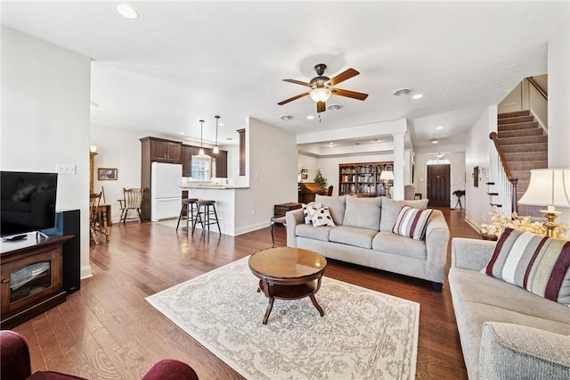 living room with stairway, dark wood-style floors, baseboards, recessed lighting, and ceiling fan