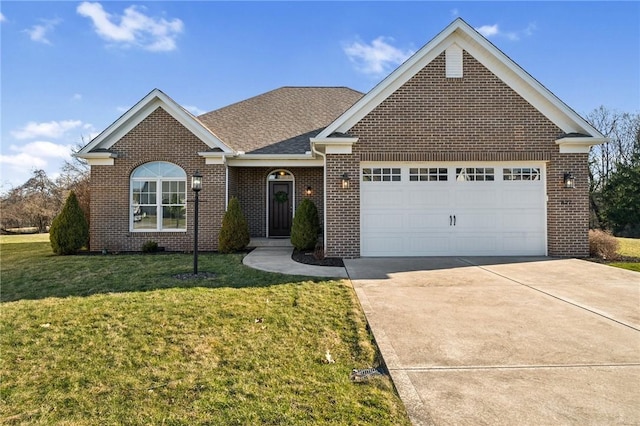 ranch-style house featuring roof with shingles, concrete driveway, a front yard, an attached garage, and brick siding