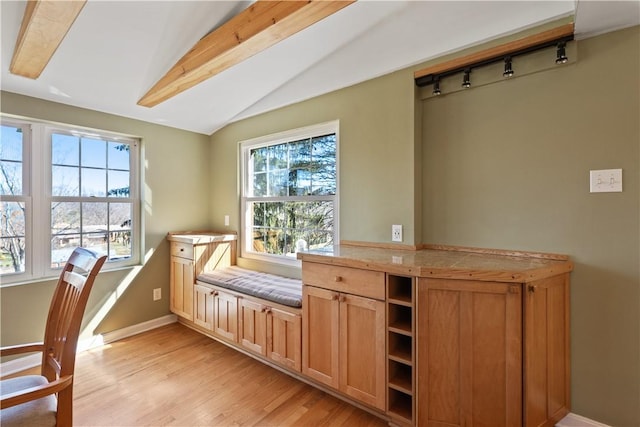 interior space featuring baseboards, light wood-style floors, and lofted ceiling