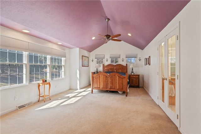 bedroom featuring visible vents, baseboards, light colored carpet, vaulted ceiling, and recessed lighting