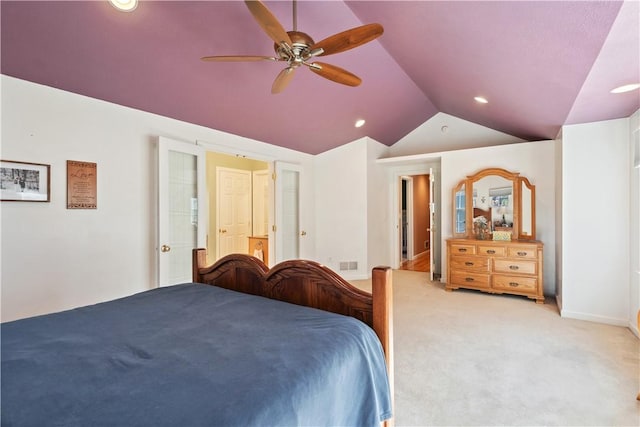 bedroom featuring visible vents, ceiling fan, vaulted ceiling, light carpet, and recessed lighting