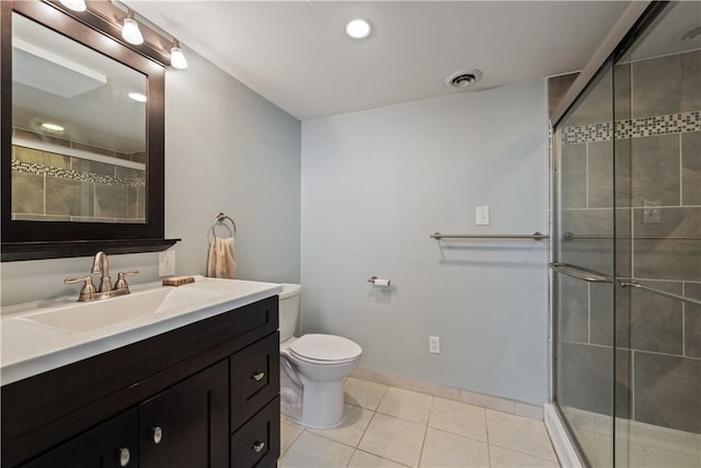 full bath with tile patterned floors, visible vents, toilet, a shower stall, and vanity