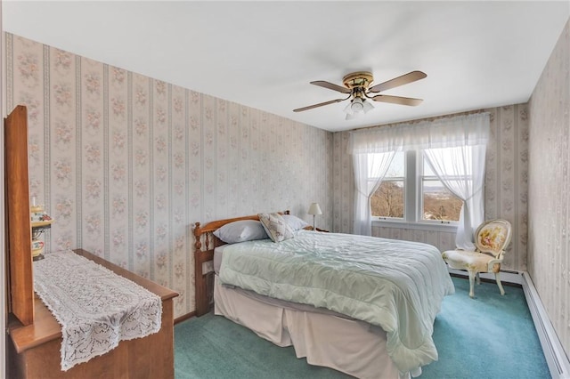 bedroom featuring wallpapered walls, carpet flooring, baseboards, and ceiling fan