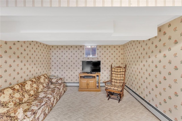 living area with light colored carpet, baseboard heating, and wallpapered walls