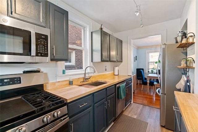 kitchen featuring light wood-style flooring, ornamental molding, a sink, appliances with stainless steel finishes, and wooden counters