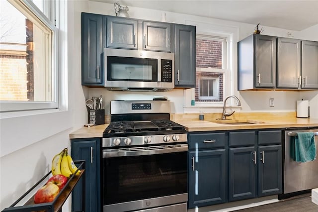 kitchen with a sink, blue cabinets, and appliances with stainless steel finishes