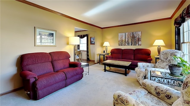 living room with crown molding, baseboards, and carpet floors