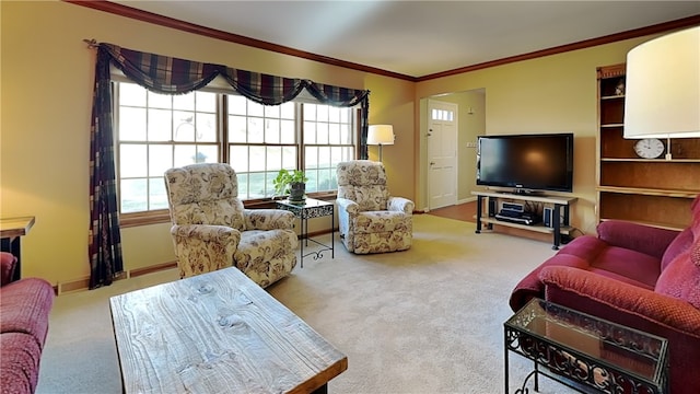 living room with baseboards, carpet, and crown molding