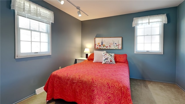 bedroom featuring carpet floors and rail lighting