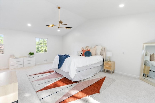 carpeted bedroom featuring recessed lighting, multiple windows, baseboards, and vaulted ceiling