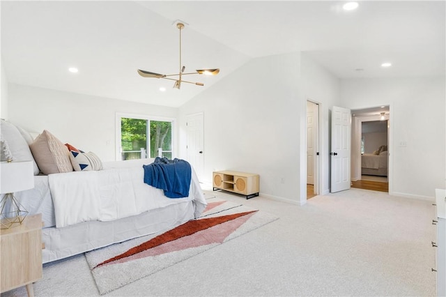 bedroom featuring recessed lighting, baseboards, light colored carpet, and vaulted ceiling