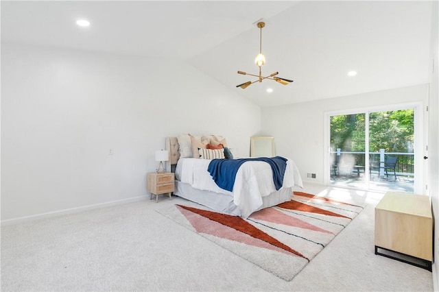 carpeted bedroom with baseboards, lofted ceiling, recessed lighting, access to outside, and a chandelier