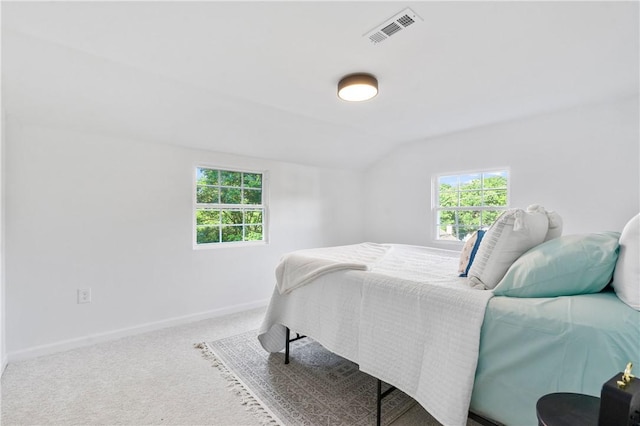 bedroom featuring visible vents, multiple windows, carpet, and baseboards