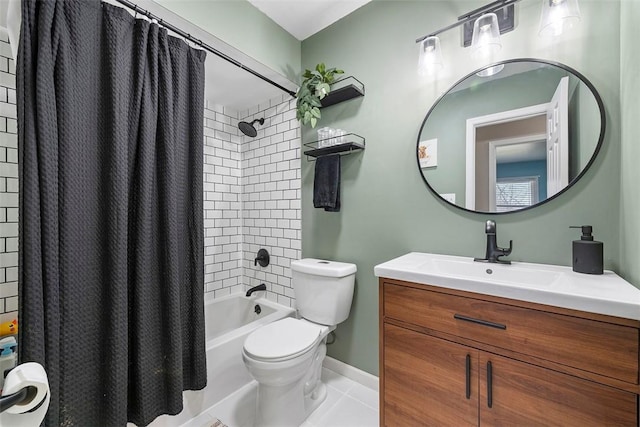 full bathroom with toilet, shower / bath combo, tile patterned flooring, baseboards, and vanity