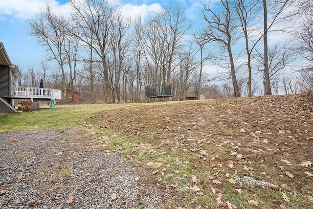 view of yard featuring a wooden deck and a trampoline