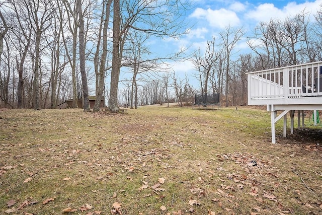 view of yard featuring a deck and a trampoline