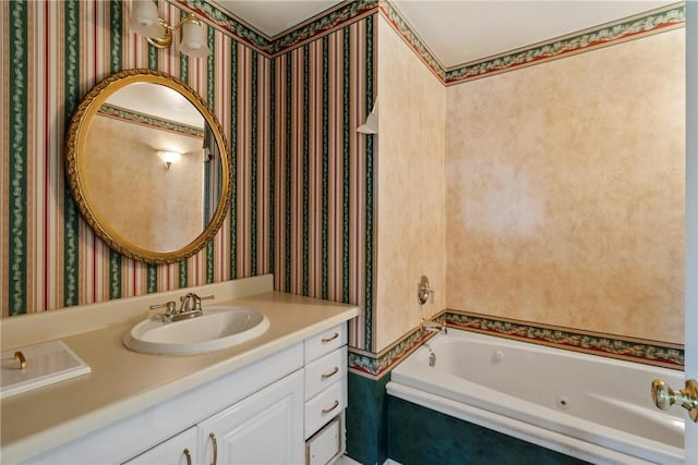 full bath with wallpapered walls, vanity, and shower / washtub combination