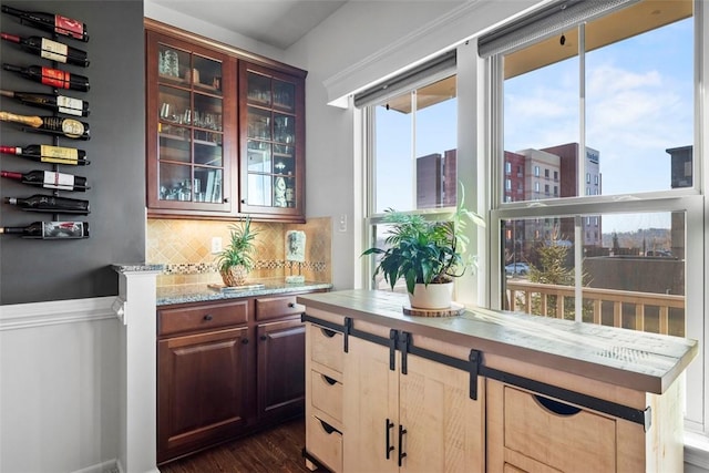 bar featuring tasteful backsplash and dark wood-type flooring