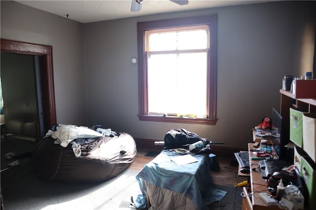 bedroom featuring a ceiling fan and wood finished floors