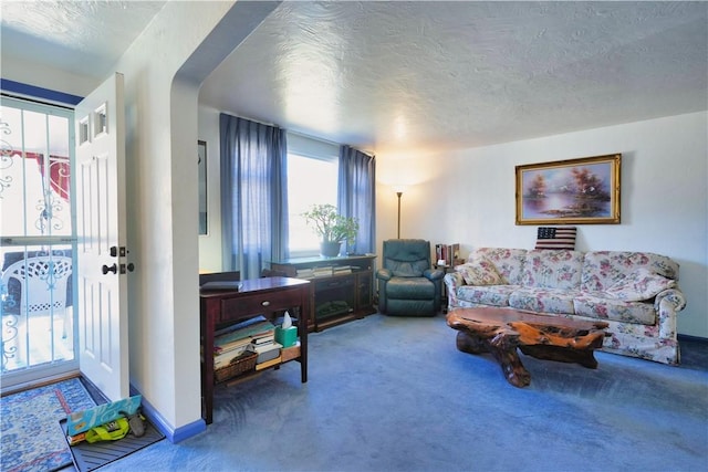 living area featuring carpet, baseboards, and a textured ceiling