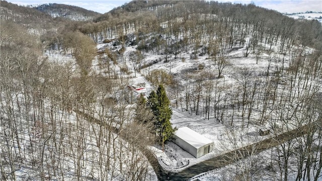 snowy aerial view with a mountain view