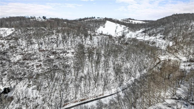 snowy aerial view with a mountain view