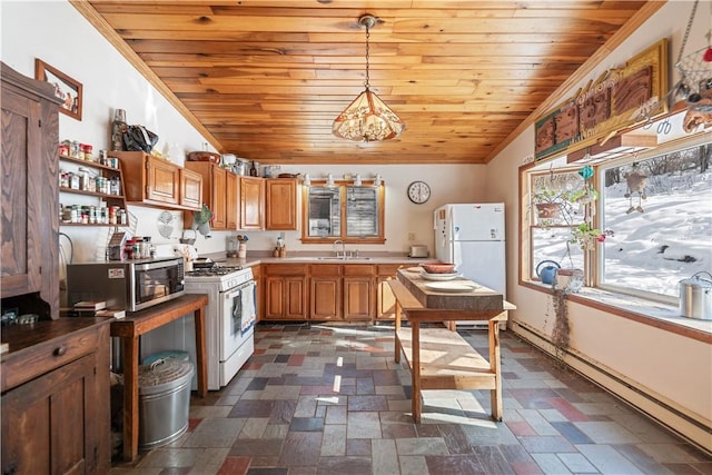 kitchen with a baseboard heating unit, white appliances, brown cabinetry, wood ceiling, and vaulted ceiling