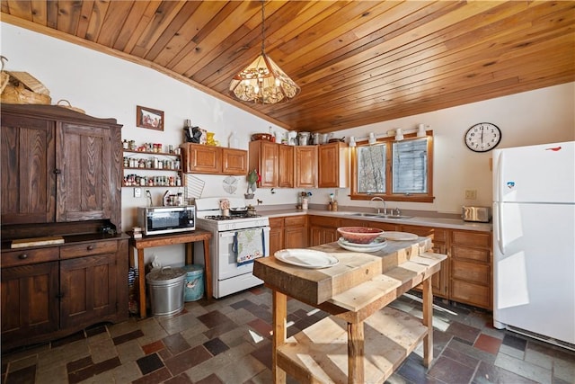 kitchen with pendant lighting, a sink, white appliances, wooden ceiling, and lofted ceiling