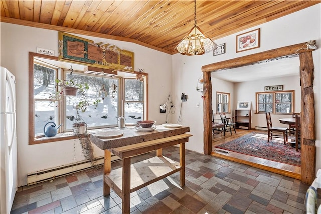 dining area featuring wooden ceiling, ornamental molding, visible vents, and a baseboard radiator