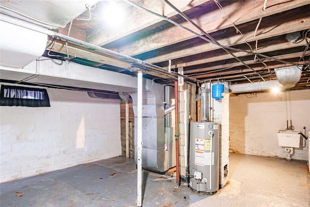 unfinished basement featuring heating unit, gas water heater, and a sink